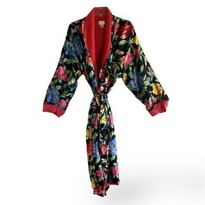 Adonna Lux Vibrant Full-Length Slick Floral & Coral Terrycloth Robe Perfect NWOT